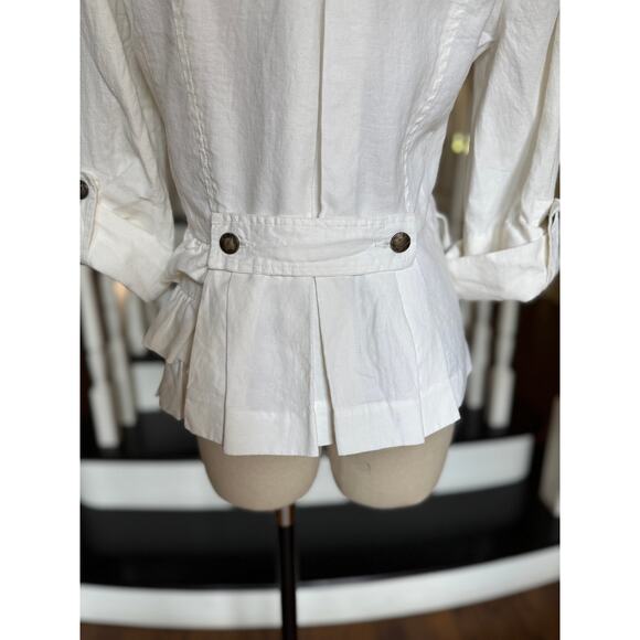 Anthro White Linen Jacket Asymmetry Ruffle Pleated ShabbyChic Boho Coastal Artsy - Picture 7 of 12
